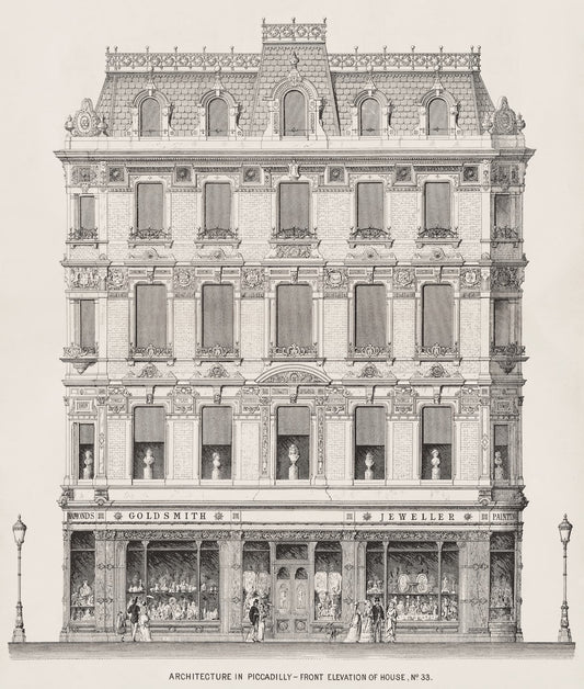 Vintage illustration of a multi-story building facade with shop windows and architectural details.