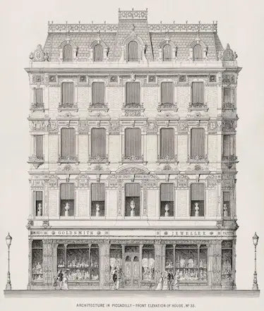 Black and white architectural drawing of a multi-story London building with detailed facade