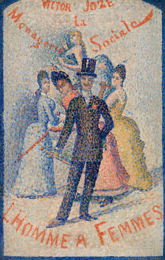 Mosaic artwork of a man and women in formal attire with text on a textured background