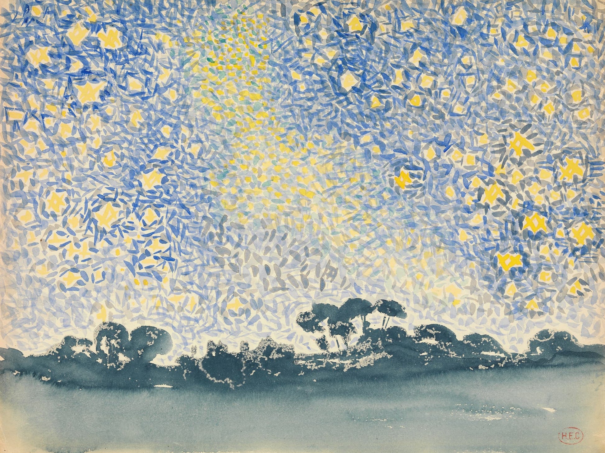 Artistic depiction of a landscape with blue and yellow abstract patterns above a dark horizon.