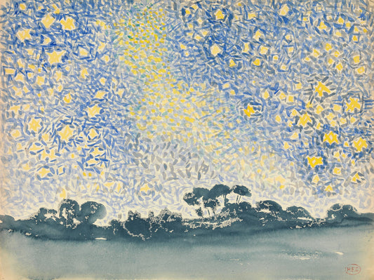 Artistic depiction of a landscape with blue and yellow abstract patterns above a dark horizon.