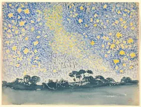 Artistic depiction of a landscape with trees and a starry sky.
