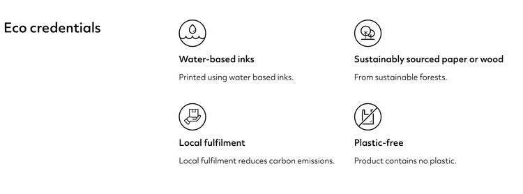 Eco credentials of a product with icons and text on a white background
