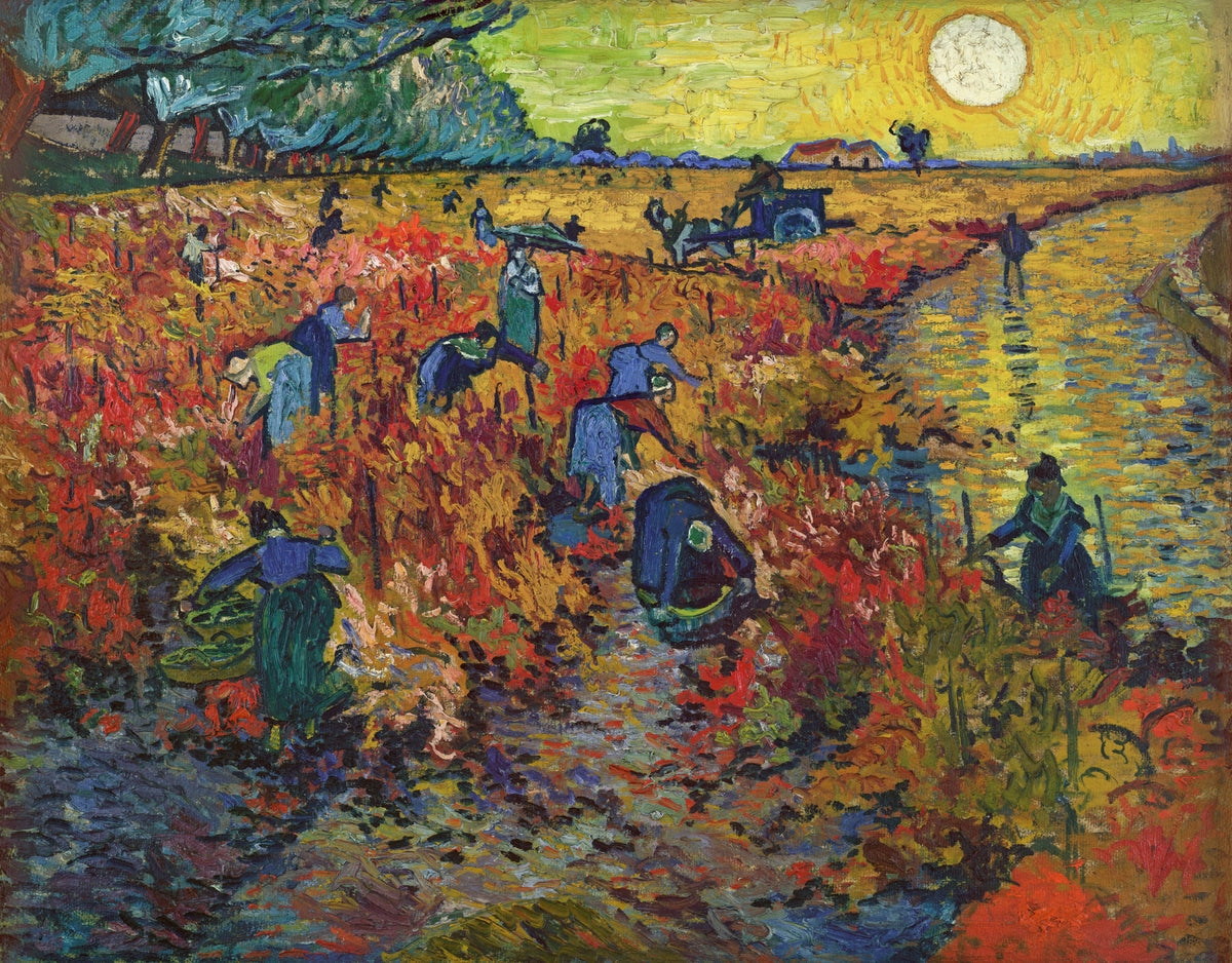 A vibrant Vincent van Gogh oil painting, "The Red Vineyard," depicts vineyard workers amidst rows of red and orange vines under a bright yellow sun.
