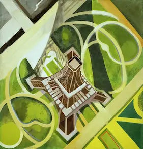 Artistic depiction of the Eiffel Tower with abstract green and brown patterns