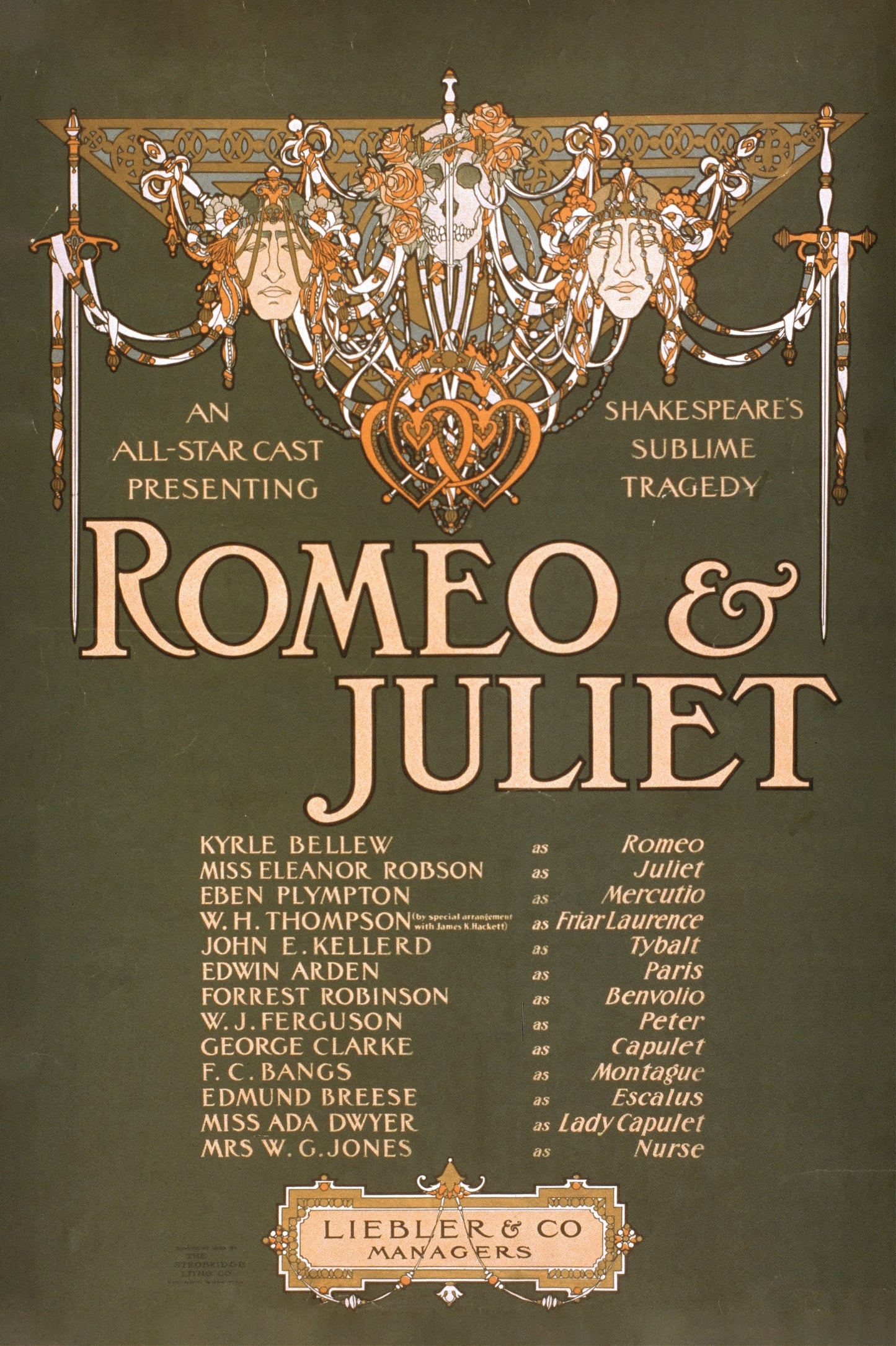 Promotional poster for 'Romeo & Juliet' with decorative elements and text on a brown background