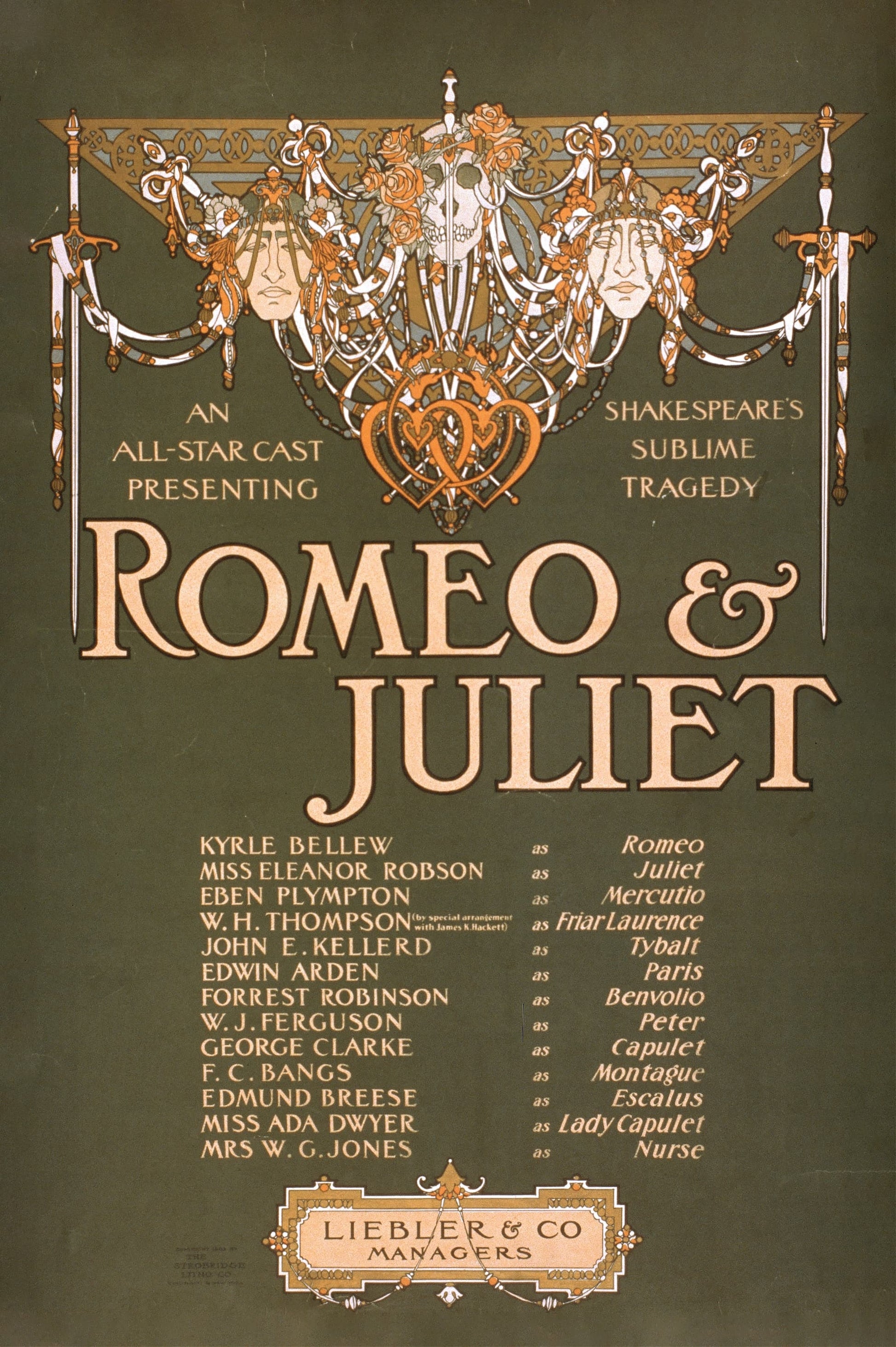 Promotional poster for 'Romeo & Juliet' with decorative elements and text on a brown background