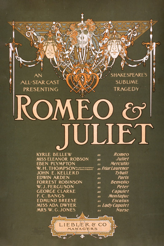 Promotional poster for 'Romeo & Juliet' with decorative elements and text on a brown background