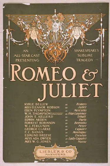 Promotional poster for 'Romeo & Juliet' with a chandelier design on a green background
