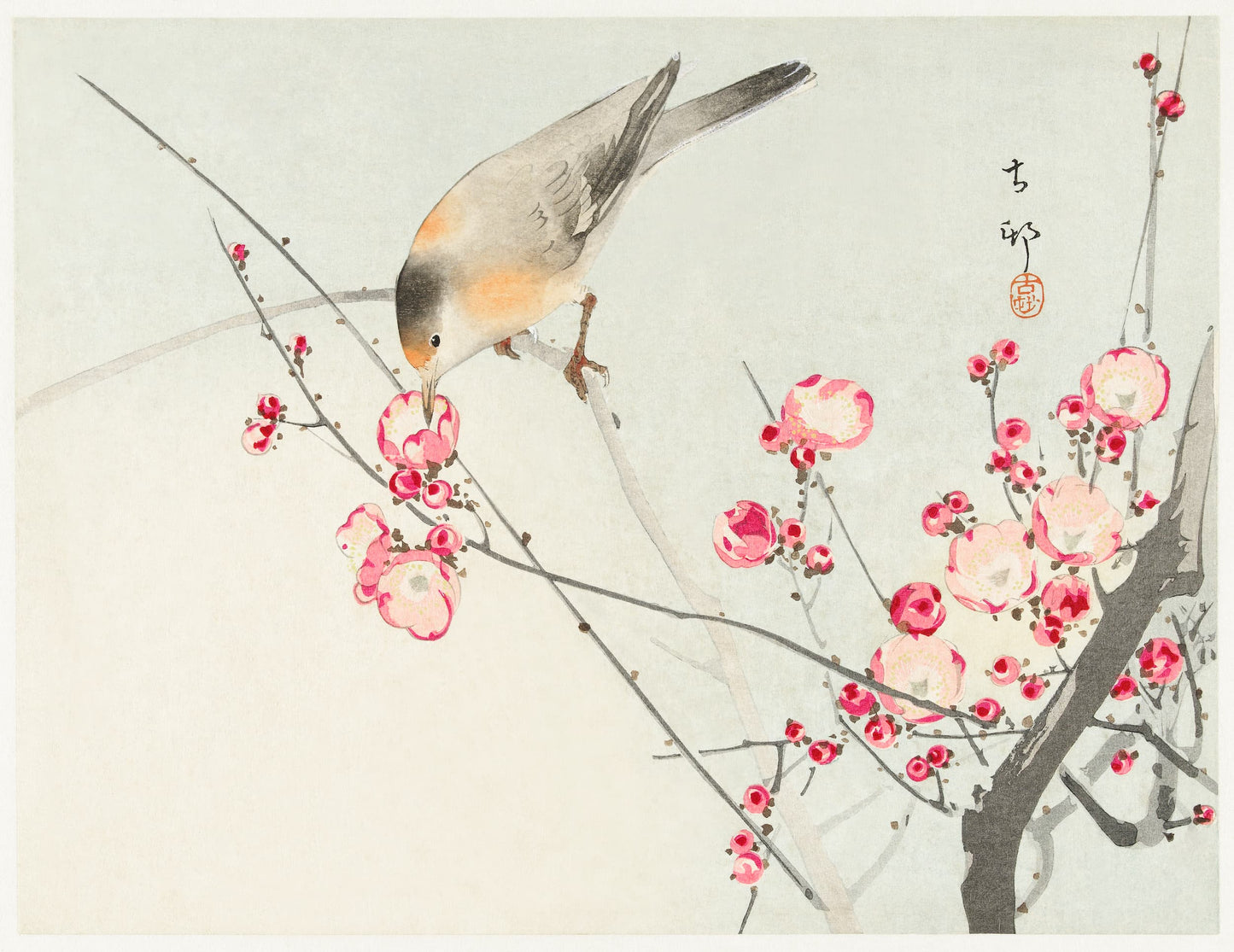 Traditional Japanese artwork of a bird perched on a branch with pink flowers