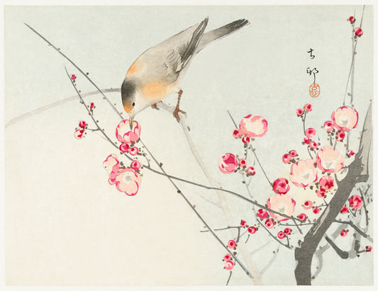 Traditional Japanese artwork of a bird perched on a branch with pink flowers