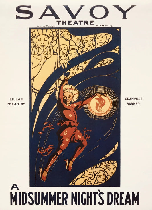 High-quality reproduction of a 1920s theatre poster for 'A Midsummer Night's Dream' at the Savoy Theatre in London. Features a stylized Harlequin-like figure dancing, emblematic of iconic 1920s modernist theatre poster art.
