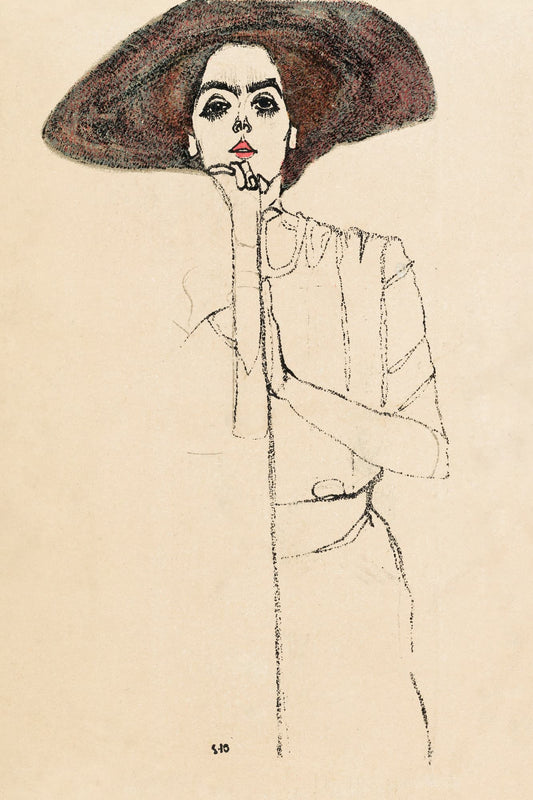 Artistic depiction of a person wearing a large hat on a beige background