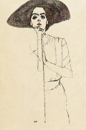 Artistic sketch of a person wearing a large hat and holding a cigarette on a beige background