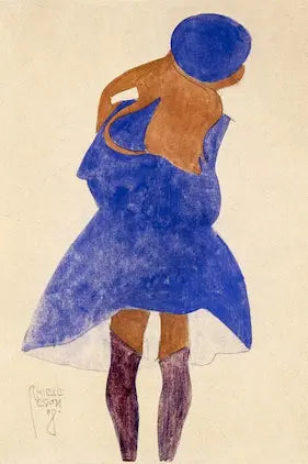 Artistic depiction of a figure in a blue dress and hat on a beige background
