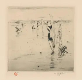 Artistic depiction of swimmers at the beach with a minimal color palette.
