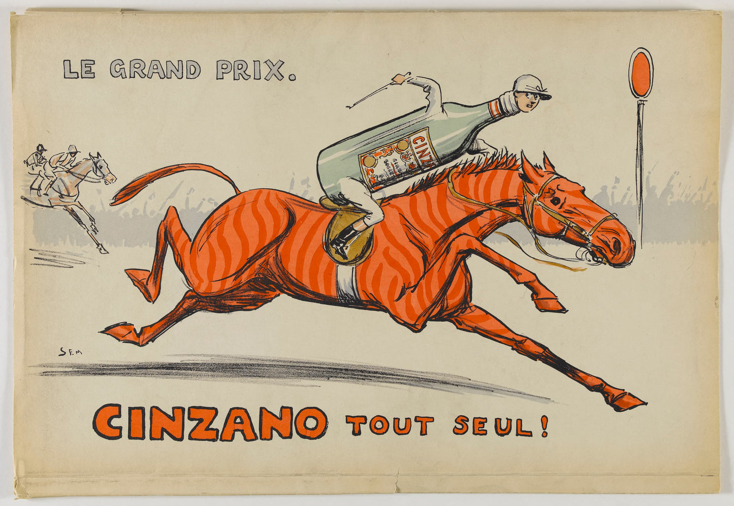 Vintage-style advertisement featuring a horse race with a jockey and the brand 'Cinzano'.