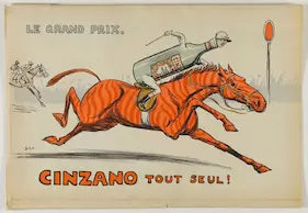 Vintage advertisement for Cinzano featuring a horse racing with a bottle on its back.
