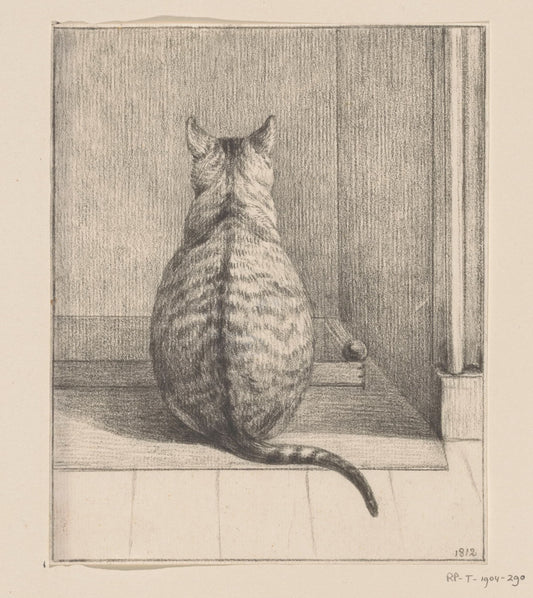 Illustration of a cat sitting on a windowsill with a textured wall and window frame in the background.