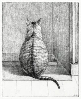 Pencil drawing of a cat sitting on a windowsill.