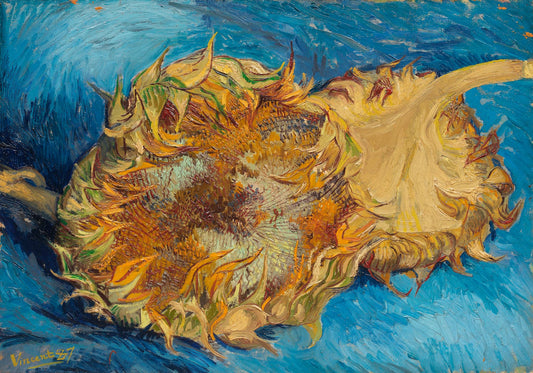 Two sunflowers with a blue background, signed by Van Gogh