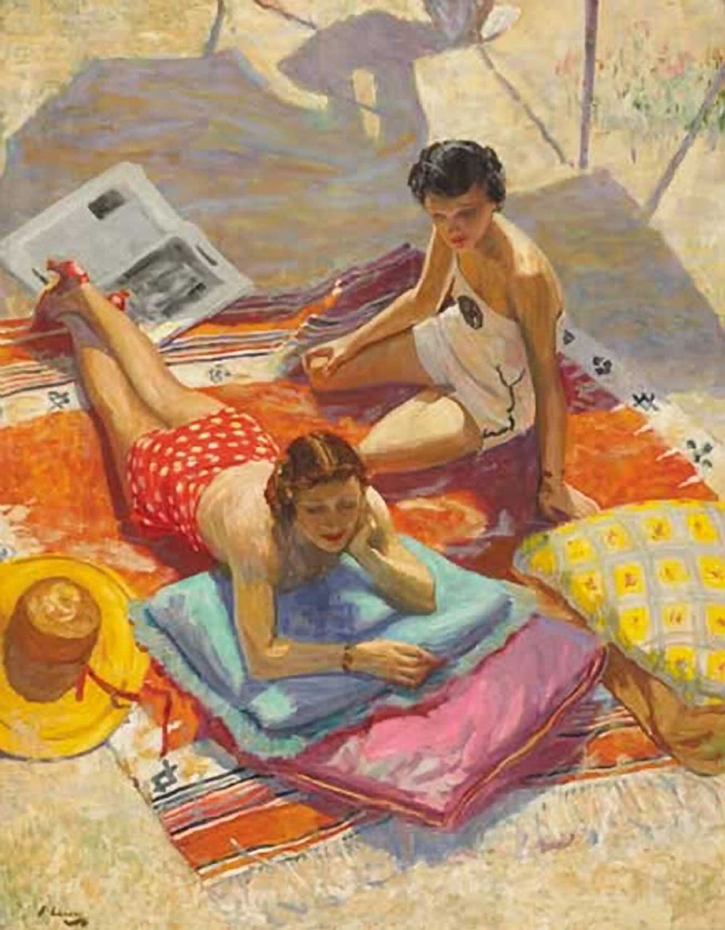 Artistic depiction of two women sunbathing on a beach with towels and a newspaper.