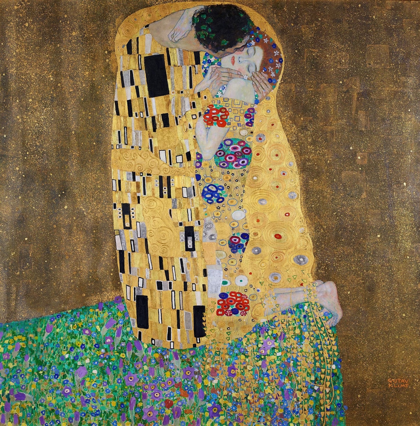 Painting of 'The Kiss' by Gustav Klimt with a gold leaf background