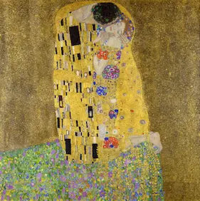 Artistic depiction of a couple embracing, with floral patterns and a gold background