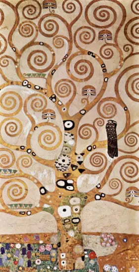 Artistic depiction of a tree with swirling patterns and various elements on a beige background