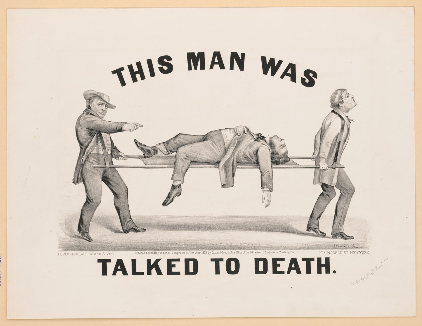Vintage-style illustration of a man being carried on a stretcher with text 'This man was talked to death.'