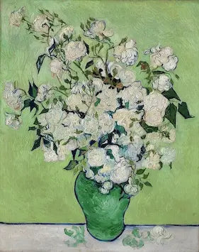 Painting of a green vase with white flowers on a light green background