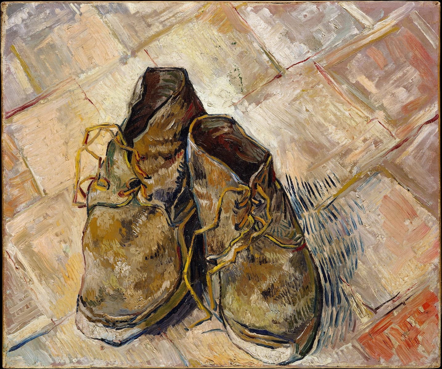 High-quality reproduction of Vincent Van Gogh's iconic 'A Pair of Shoes,' a vintage 1888 Post-Impressionist print. Features a still life of worn-out leather shoes on a tiled floor, rendered with thick, expressive brushstrokes, emblematic of his famous 'van gogh shoes print' and Dutch fine art.