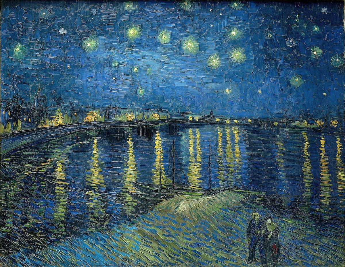 High-quality reproduction of Vincent Van Gogh's iconic 'Starry Night over the Rhône,' a vintage 1888 Post-Impressionist print. Features a vibrant night scene with brilliant stars reflecting on the Rhône river, emblematic of his famous 'van gogh night stars print' and expressive fine art.