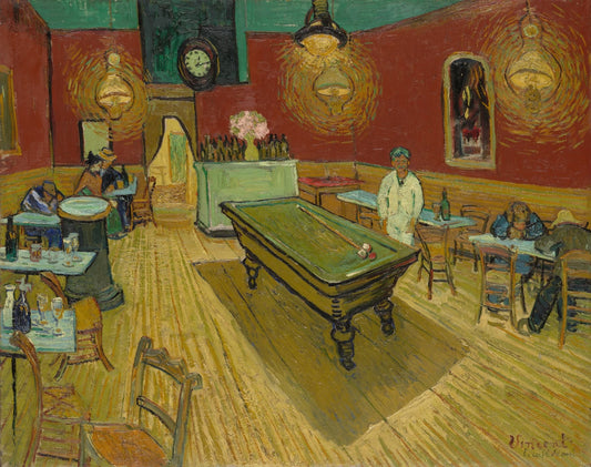 High-quality reproduction of Vincent Van Gogh's iconic 'The Night Cafe' painting, a vintage 1888 Post-Impressionist print. Features a cafe interior rendered in vibrant reds and yellows with a green pool table, emblematic of his famous 'The night cafe print' and expressive fine art.