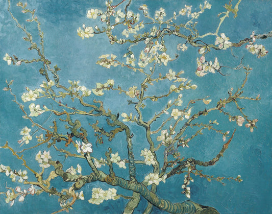 Famous painting of flowering branches against a blue background