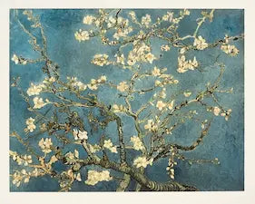 Artistic depiction of flowering branches on a textured blue background