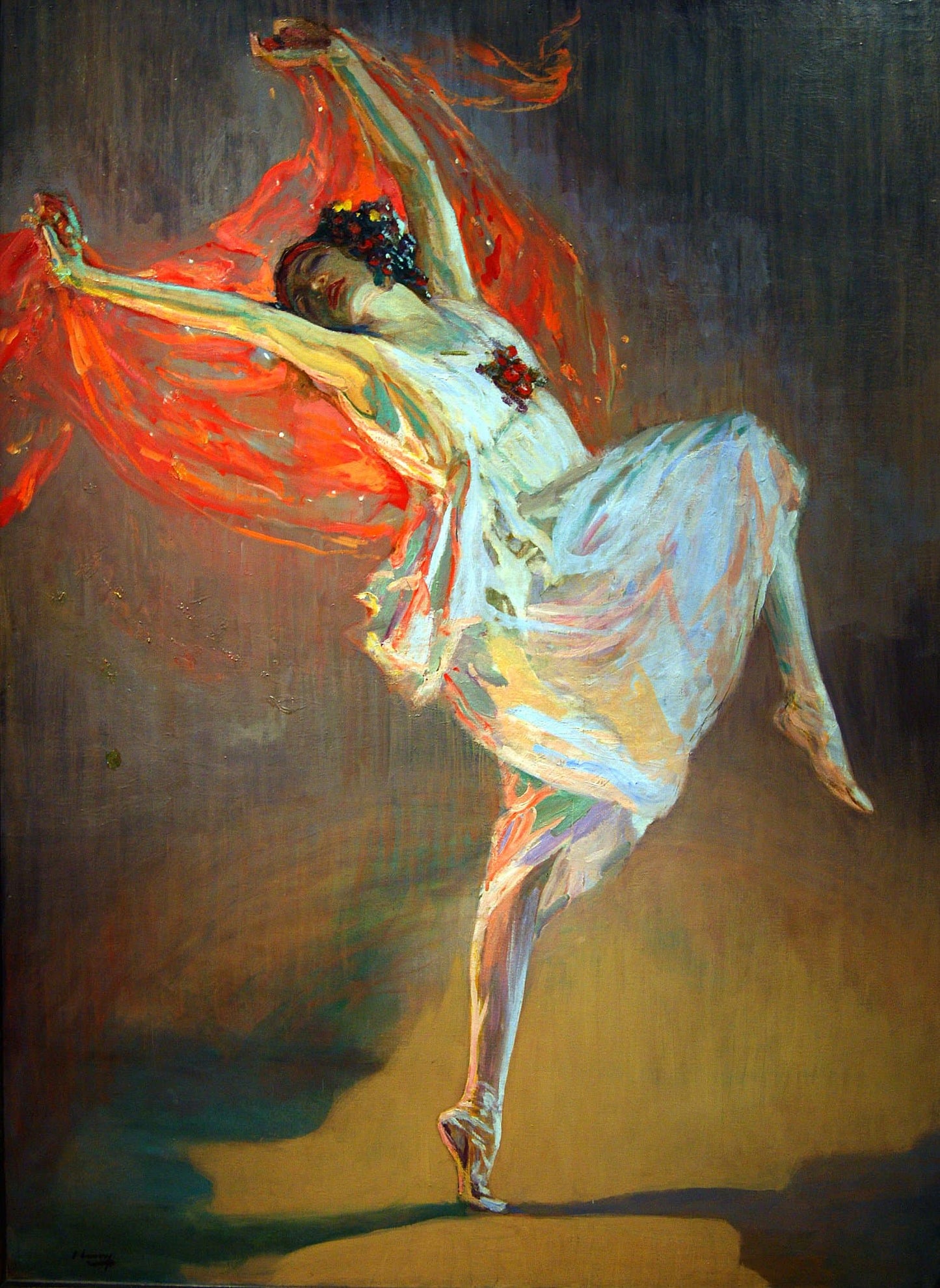 Painting of a dancer with red fabric in a dark setting