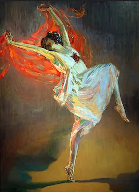 Dancer with flowing red fabric against a dark background