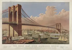 Vintage illustration of the Brooklyn Bridge over a body of water with boats.