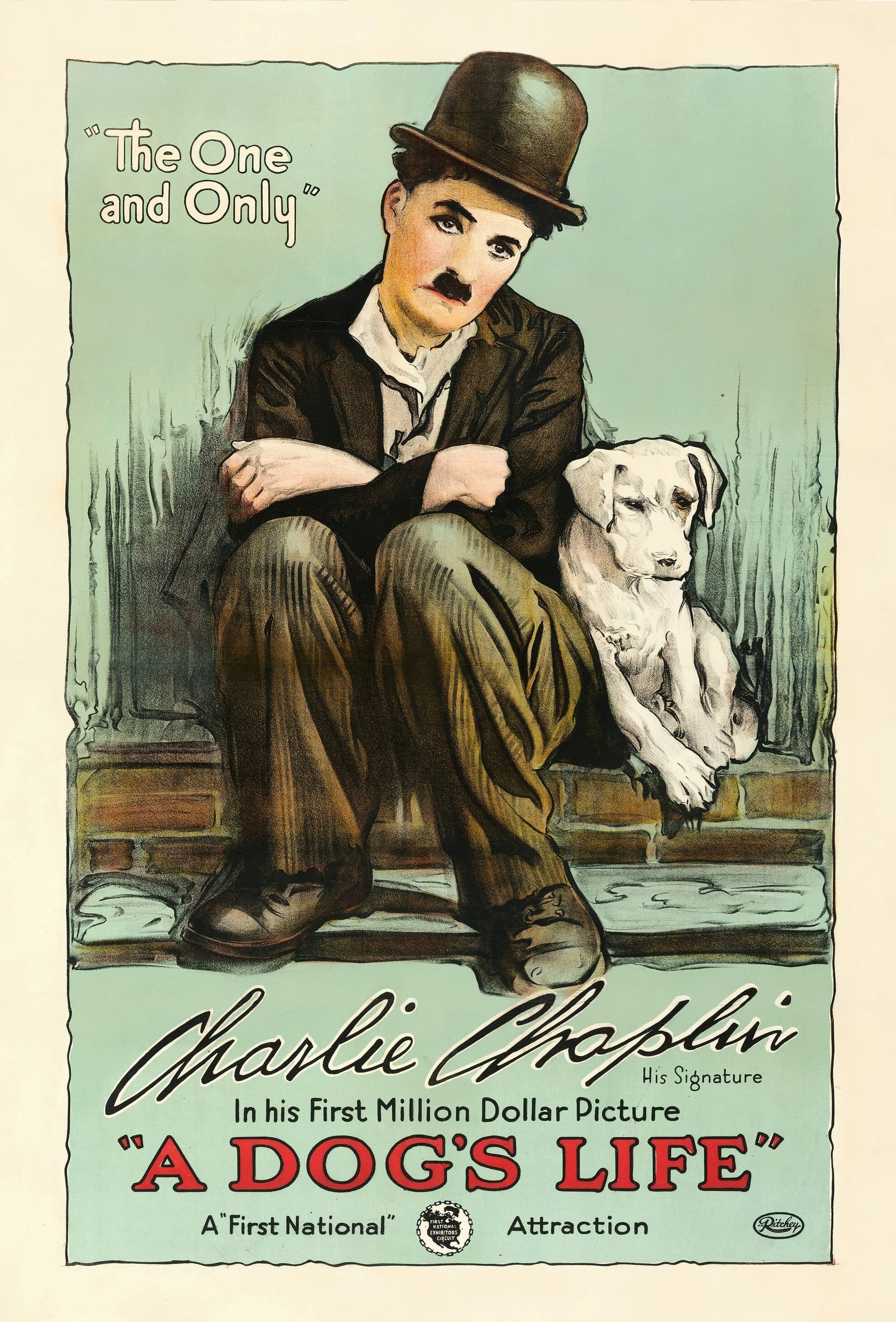 Vintage movie poster for 'A Dog's Life' featuring Charlie Chaplin and a dog.