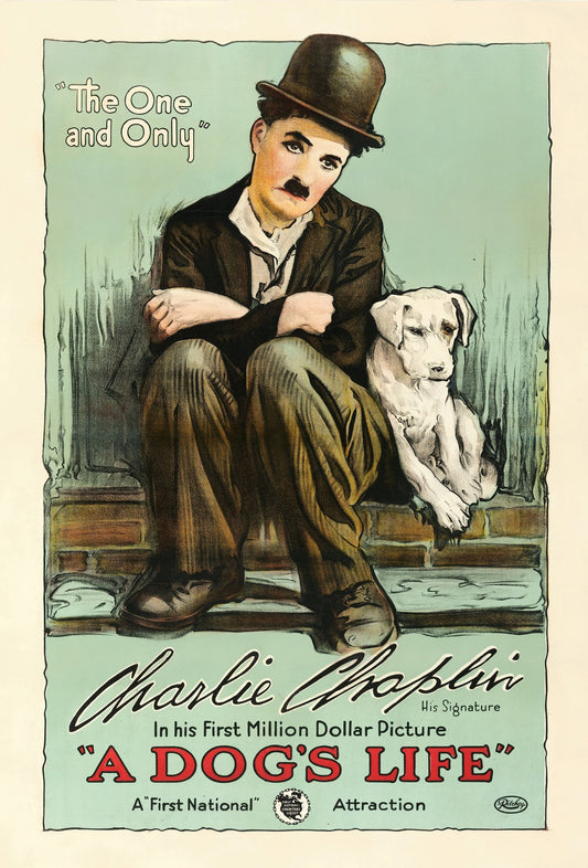 Vintage movie poster for 'A Dog's Life' featuring Charlie Chaplin and a dog.