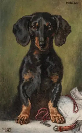 Painting of a dachshund with a green background