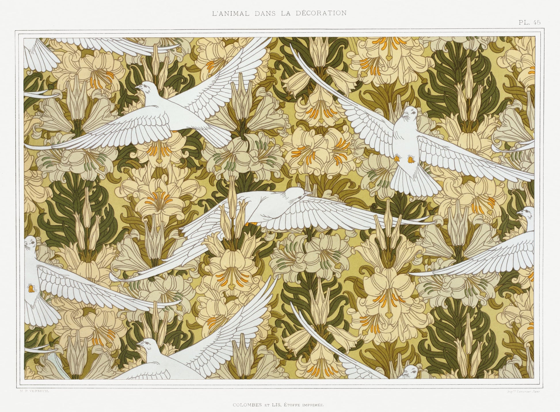 Decorative pattern with white birds and green foliage on a beige background