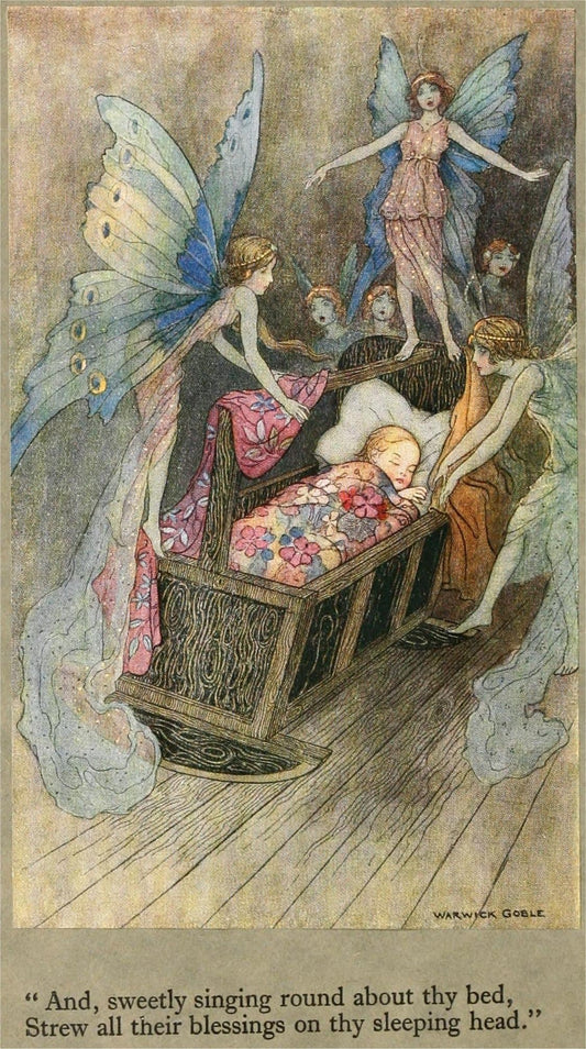 Illustration of fairies around a bed with a child, featuring colorful wings and detailed clothing.