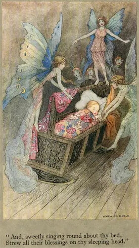 Illustration of fairies around a sleeping child with text at the bottom.
