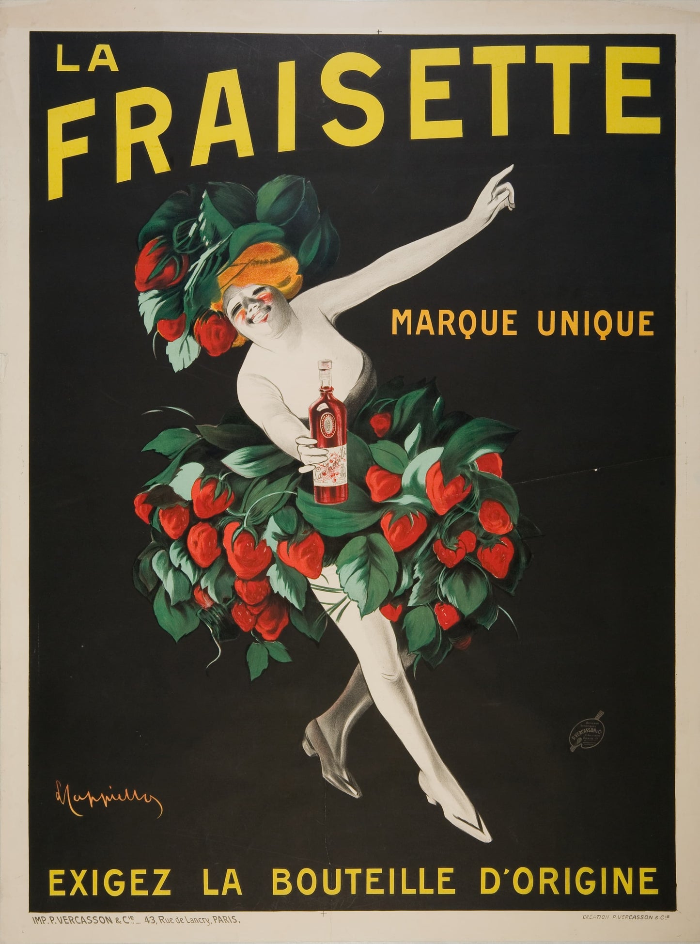 Vintage-style advertisement poster for 'La Fraisette' with a woman holding a bottle surrounded by strawberries.