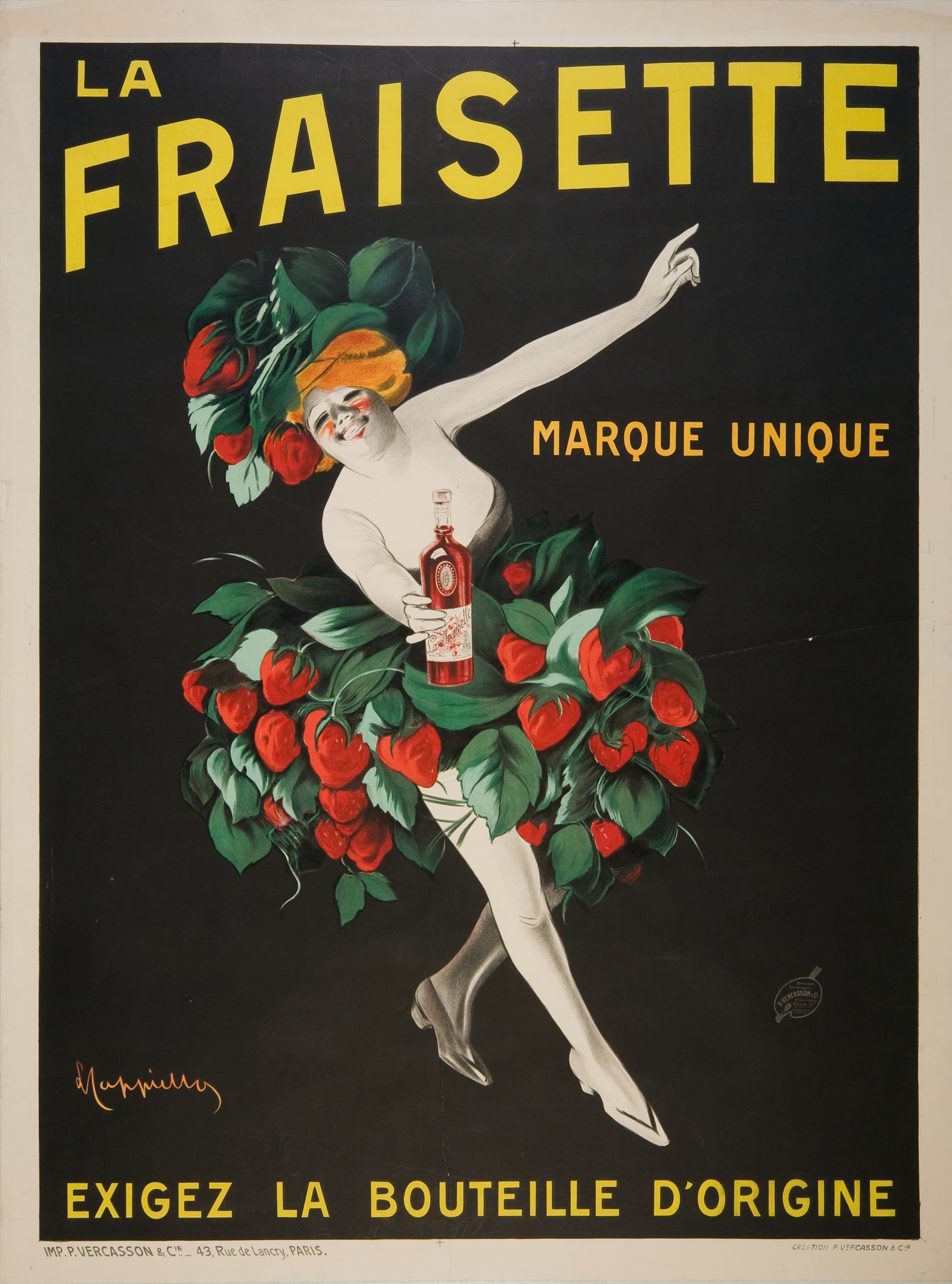 Vintage-style advertisement poster for 'La Fraisette' with a woman holding a bottle surrounded by strawberries.