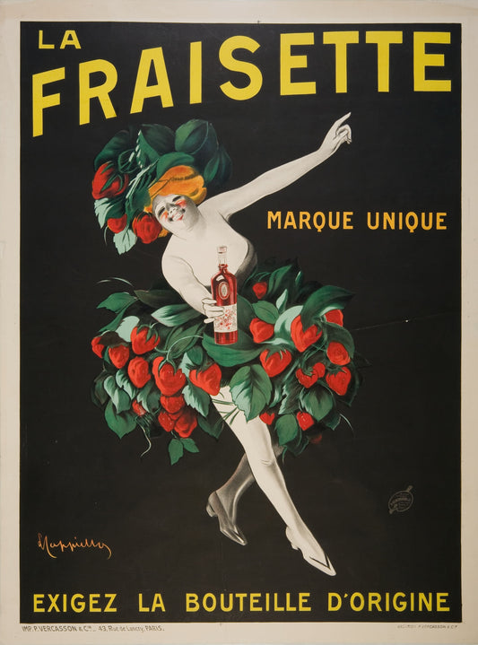Vintage-style advertisement poster for 'La Fraisette' with a woman holding a bottle surrounded by strawberries.