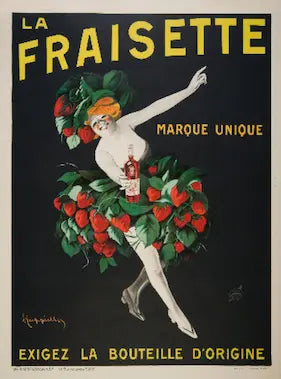 Vintage-style advertisement poster for 'La Fraisette' with a woman in a strawberry-themed dress.