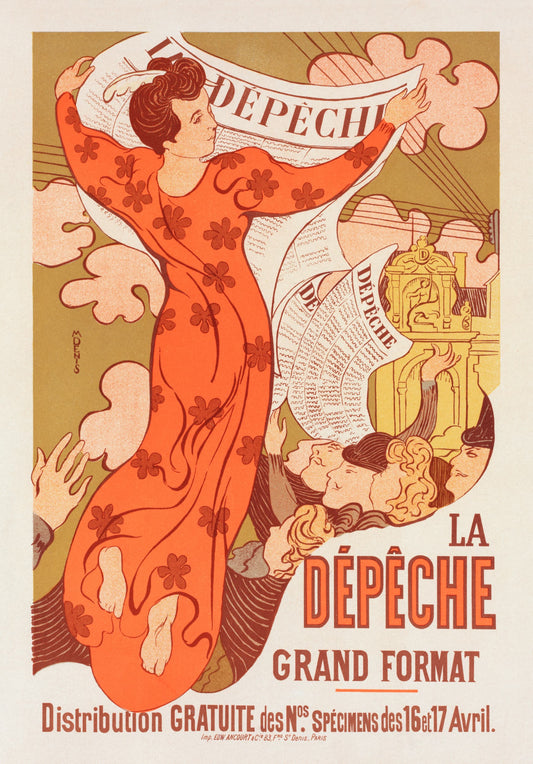 Vintage-style advertisement poster with a woman in an orange dress holding a newspaper titled 'La Dépèche'.